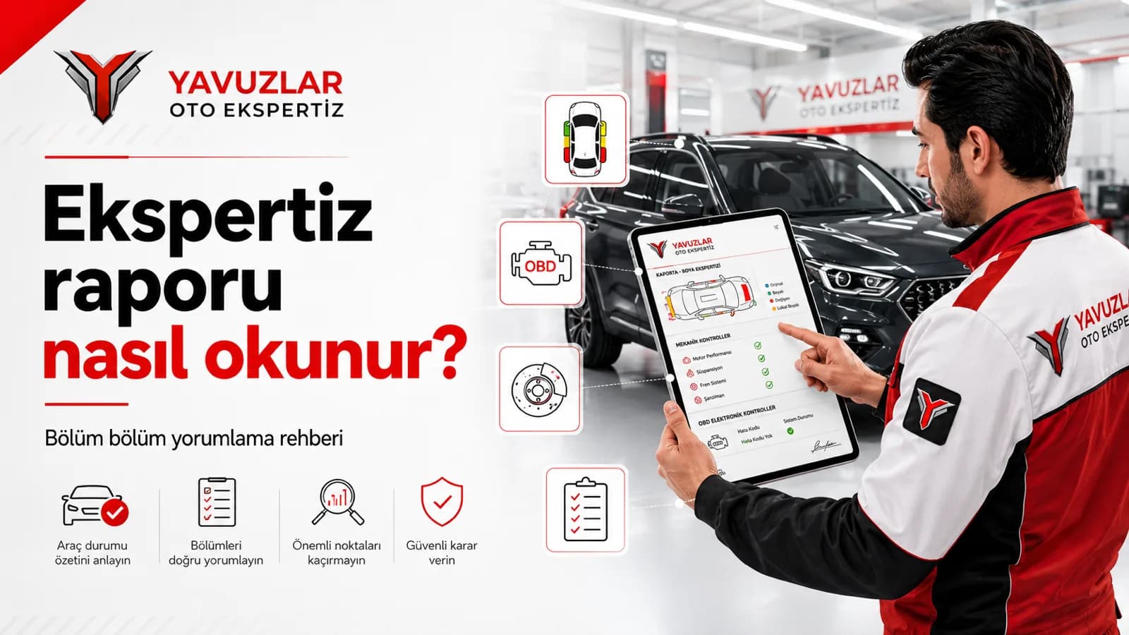 Ekspertiz raporu nasıl okunur? Yavuzlar uzmanı tablet üzerinde boya, OBD ve mekanik kontrol bölümlerini gösteriyor