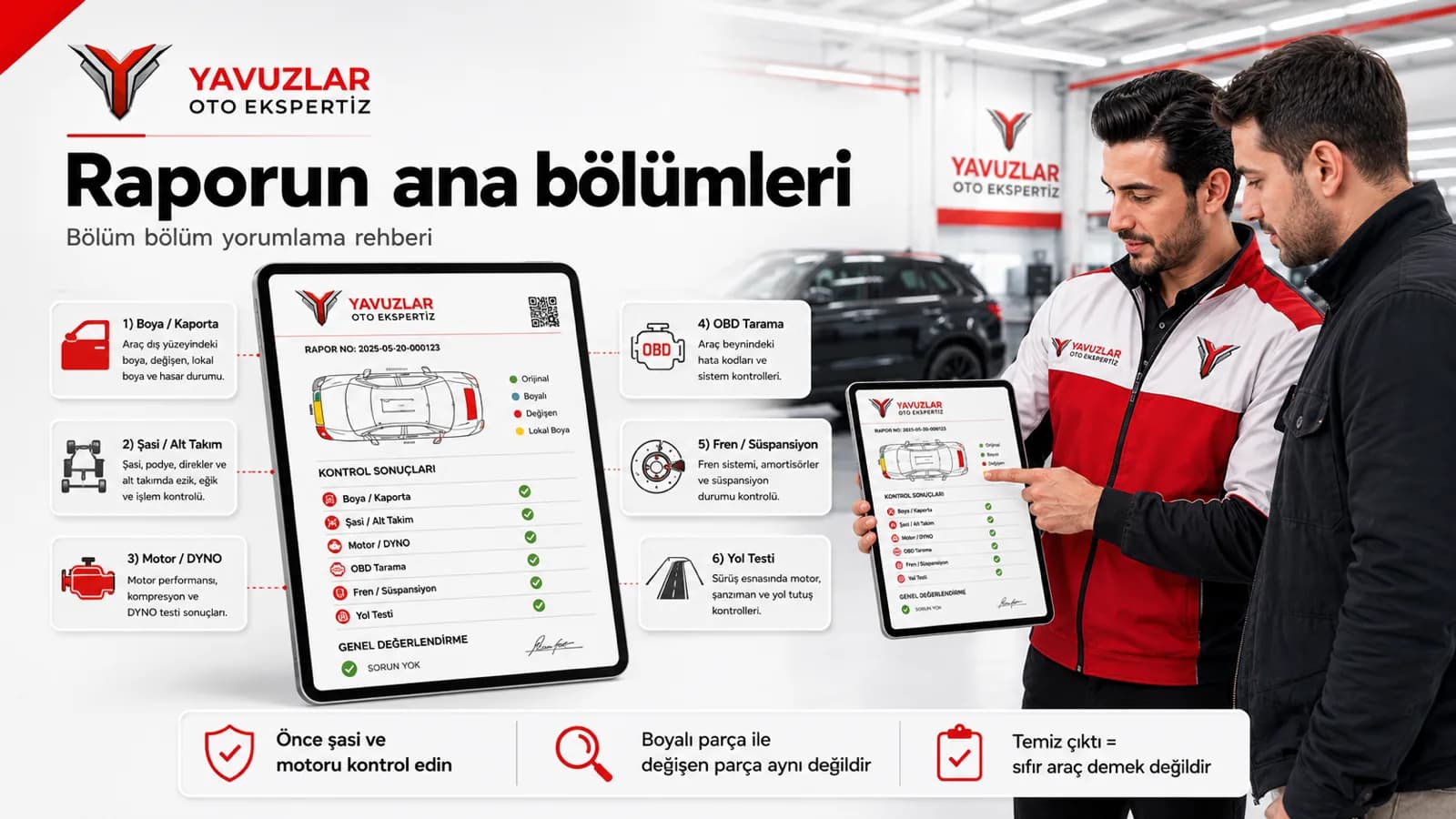 Ekspertiz raporunun ana bölümleri: boya/kaporta, şasi/alt takım, motor/DYNO, OBD tarama, fren/süspansiyon ve yol testi infografiği