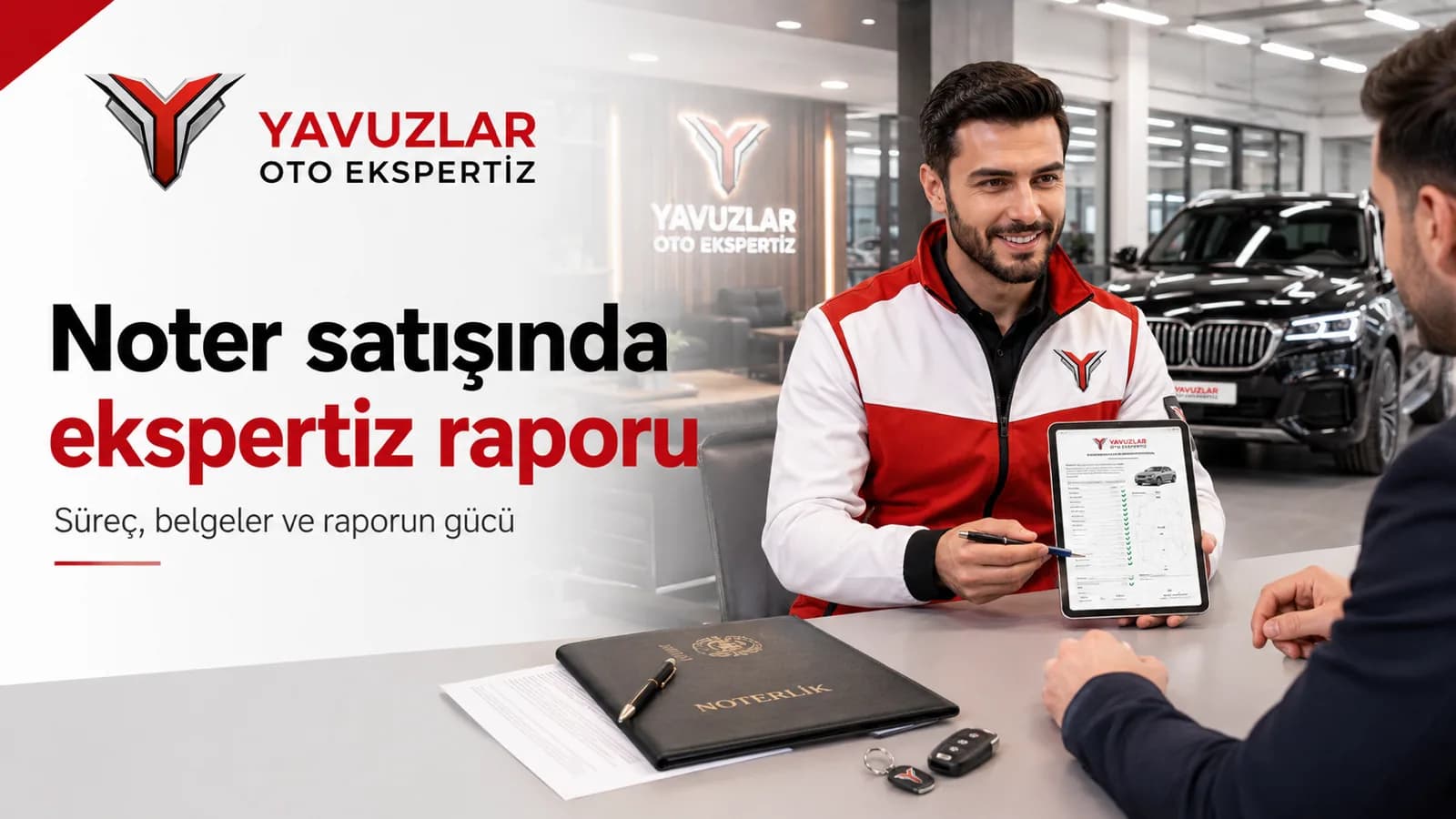 Noter satışında ekspertiz raporu — Yavuzlar uzmanı noterlik dosyası yanında tablet üzerinde ekspertiz raporunu gösteriyor
