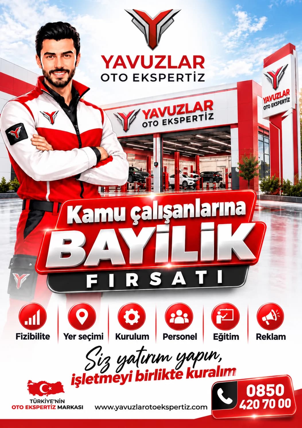 Kamu çalışanlarına bayilik fırsatı — Yavuzlar Oto Ekspertiz: fizibilite, yer seçimi, kurulum, personel, eğitim ve reklam merkezden. Siz yatırım yapın, işletmeyi birlikte kuralım. 0850 420 70 00