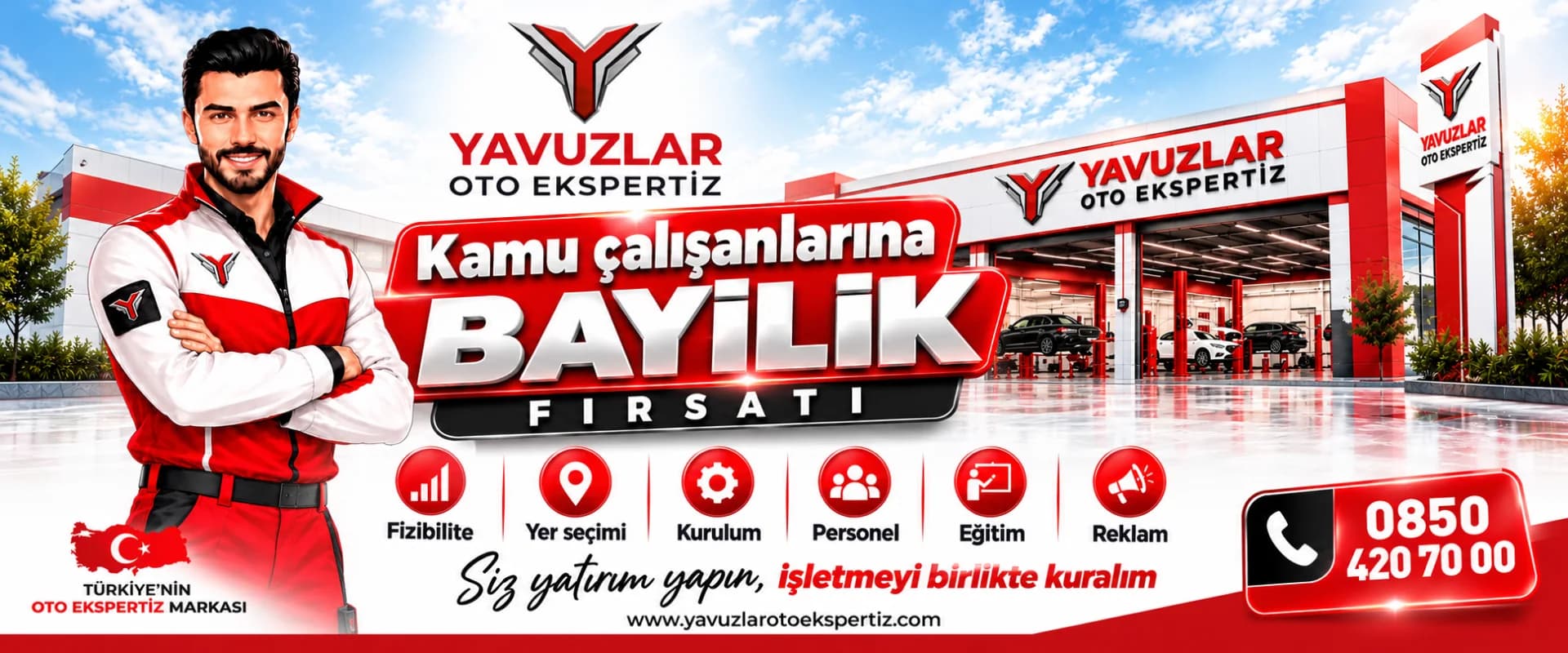 Kamu çalışanlarına bayilik fırsatı — Yavuzlar Oto Ekspertiz: fizibilite, yer seçimi, kurulum, personel, eğitim ve reklam merkezden. Siz yatırım yapın, işletmeyi birlikte kuralım. 0850 420 70 00