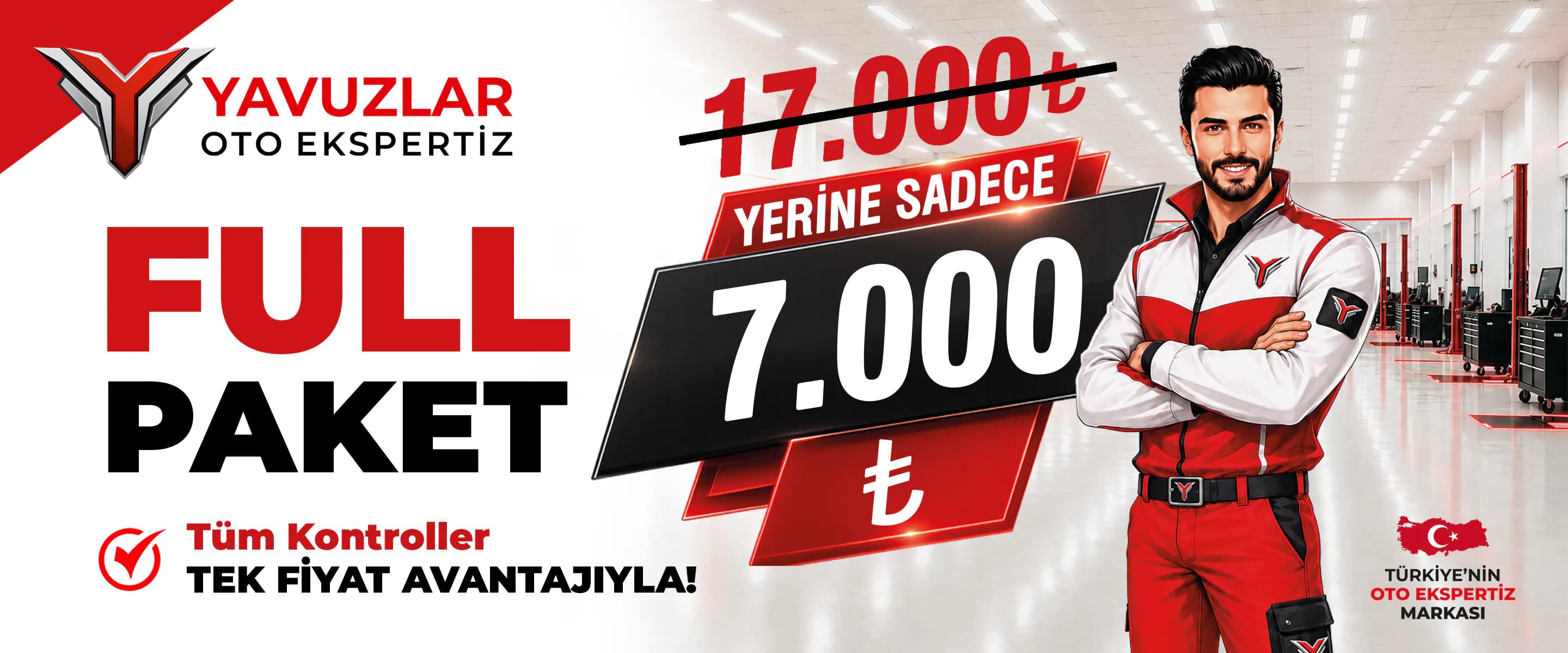 Yavuzlar Full Paket afişi — 22 kontrol kalemi, tek fiyat 7.000 TL, mor ışık teknolojisi, 1 ay/1000 km mekanik garanti, oto bakım seti hediye