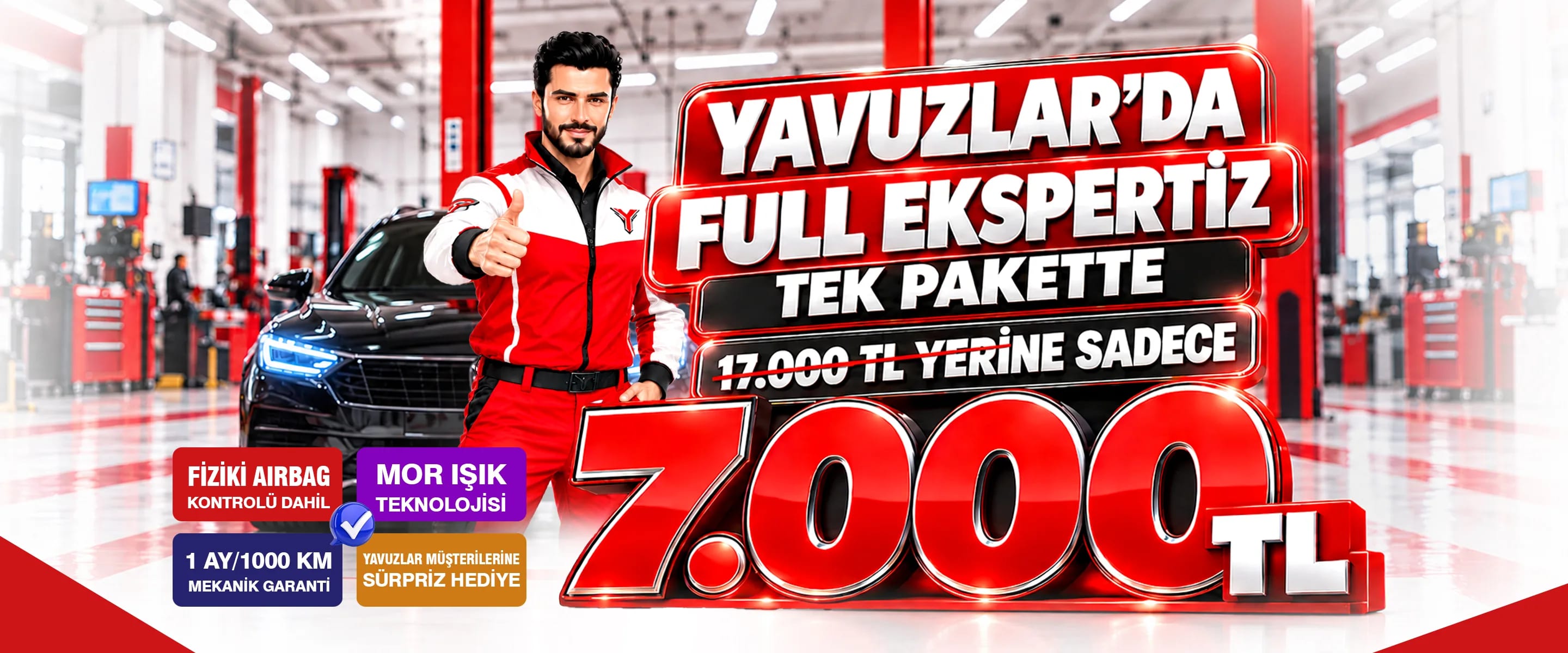 Yavuzlar'da Full Ekspertiz tek pakette 17.000 TL yerine sadece 7.000 TL — fiziki airbag kontrolü dahil, mor ışık teknolojisi, 1 ay/1000 km mekanik garanti, Yavuzlar müşterilerine sürpriz hediye