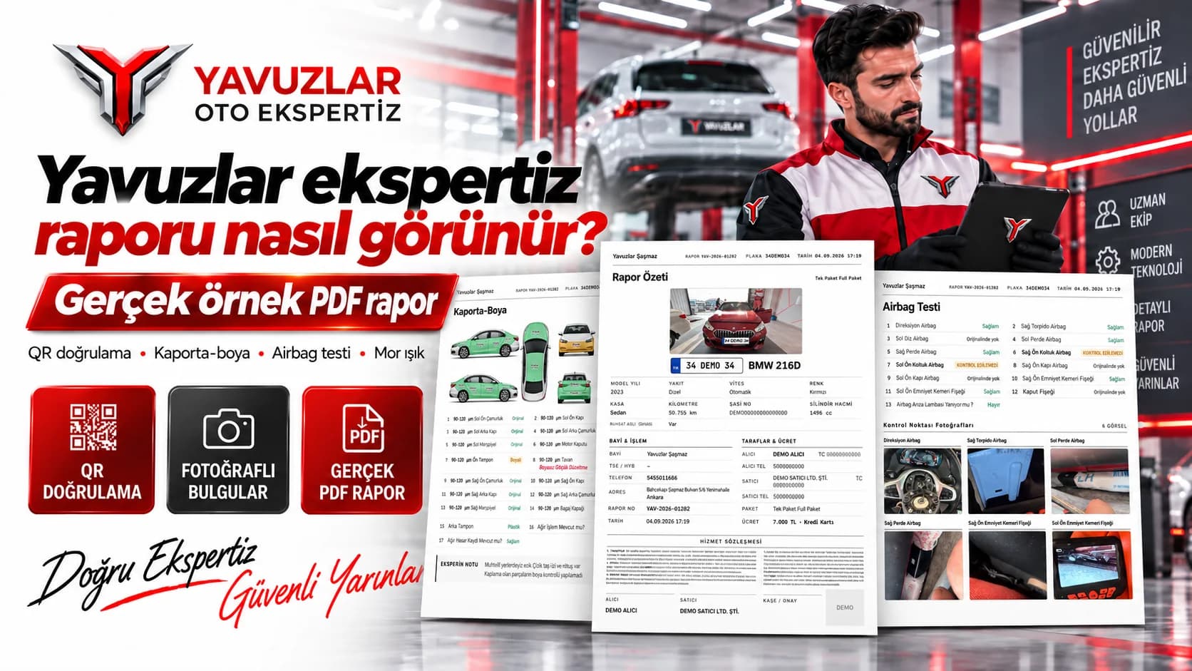 Yavuzlar Oto Ekspertiz örnek raporu: rapor özeti, kaporta-boya şeması ve airbag testi sayfaları