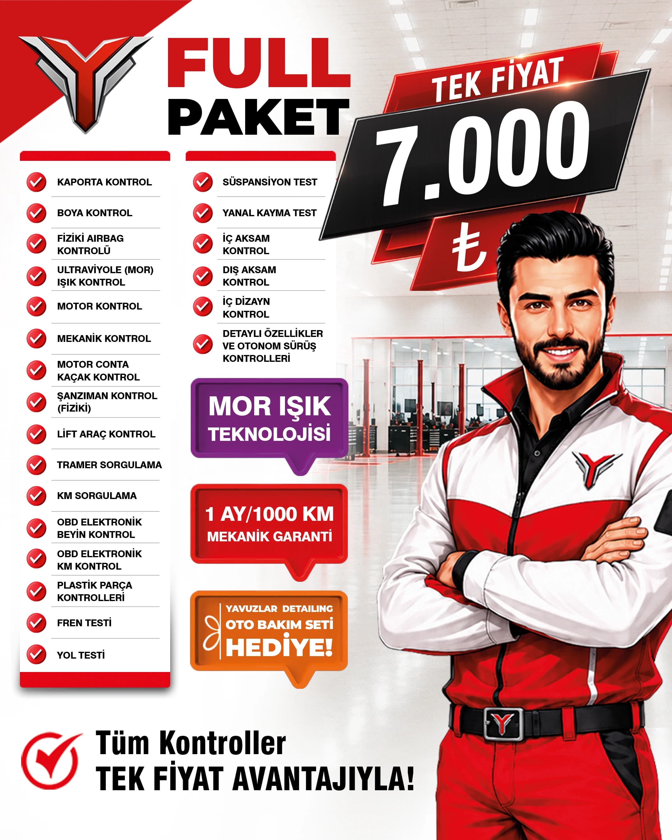 Yavuzlar Full Paket afişi — 22 kontrol kalemi, tek fiyat KDV dahil 7.000 TL, mor ışık teknolojisi, 1 ay/1000 km mekanik garanti