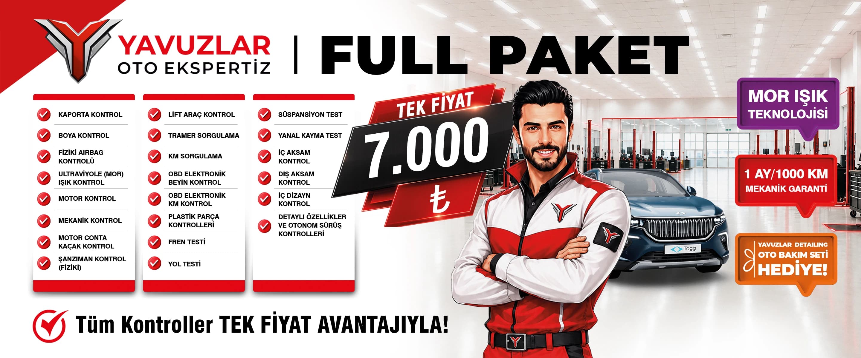 Yavuzlar Full Paket afişi — 22 kontrol kalemi, tek fiyat KDV dahil 7.000 TL, mor ışık teknolojisi, 1 ay/1000 km mekanik garanti